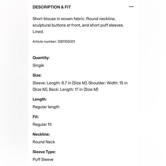 H&M NWT black puff sleeve gold button front blouse - Picture 3 of 6